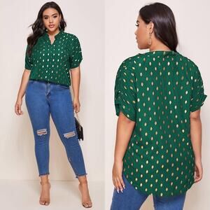 SHEIN • Green + Gold Print Notch Collar Blouse Top